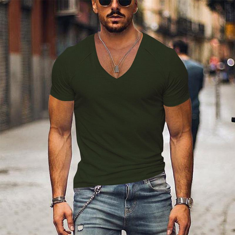 Men's Waffle Solid Color V Neck Solid Color T-Shirt 42598906X