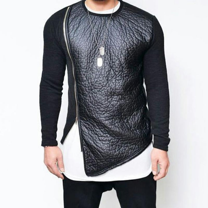 Men's Leather Stitching Zip-up Round Neck Long-sleeved T-shirt（Internal T-shirt not included) 12785925U