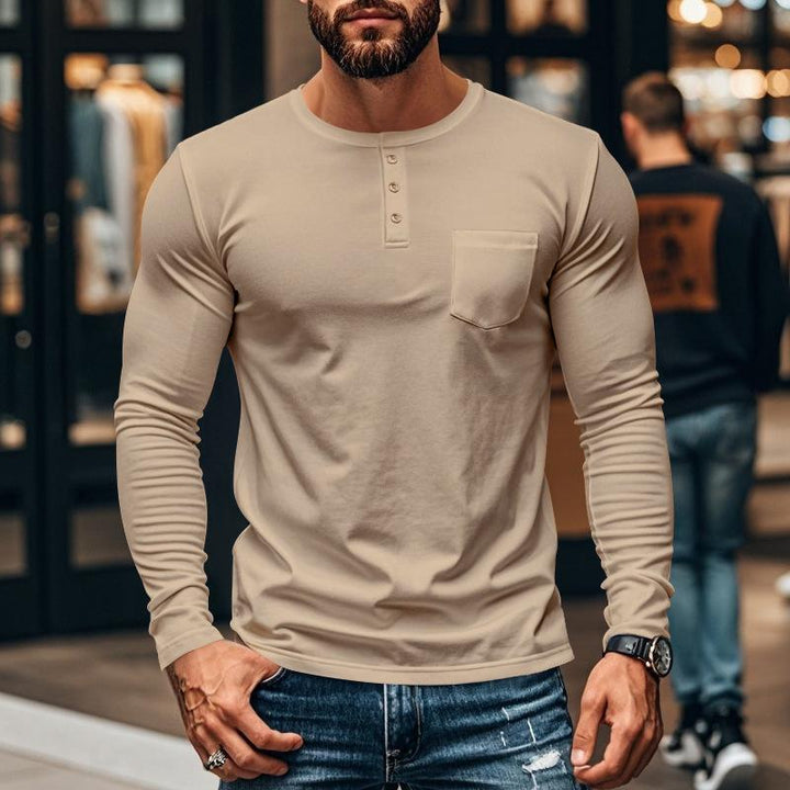 Men's Casual Crew Neck Cotton Blend Patch Pocket Long Sleeve T-Shirt 57193134M