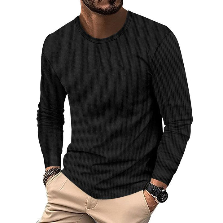 Men's Solid Color Waffle Round Neck Long Sleeve Casual T-shirt 06635701Z