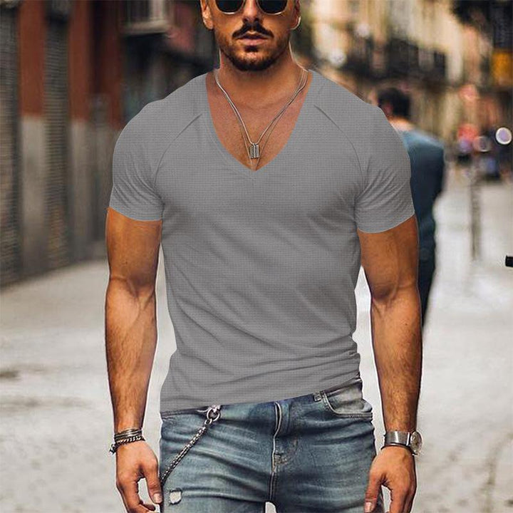 Men's Waffle Solid Color V Neck Solid Color T-Shirt 42598906X