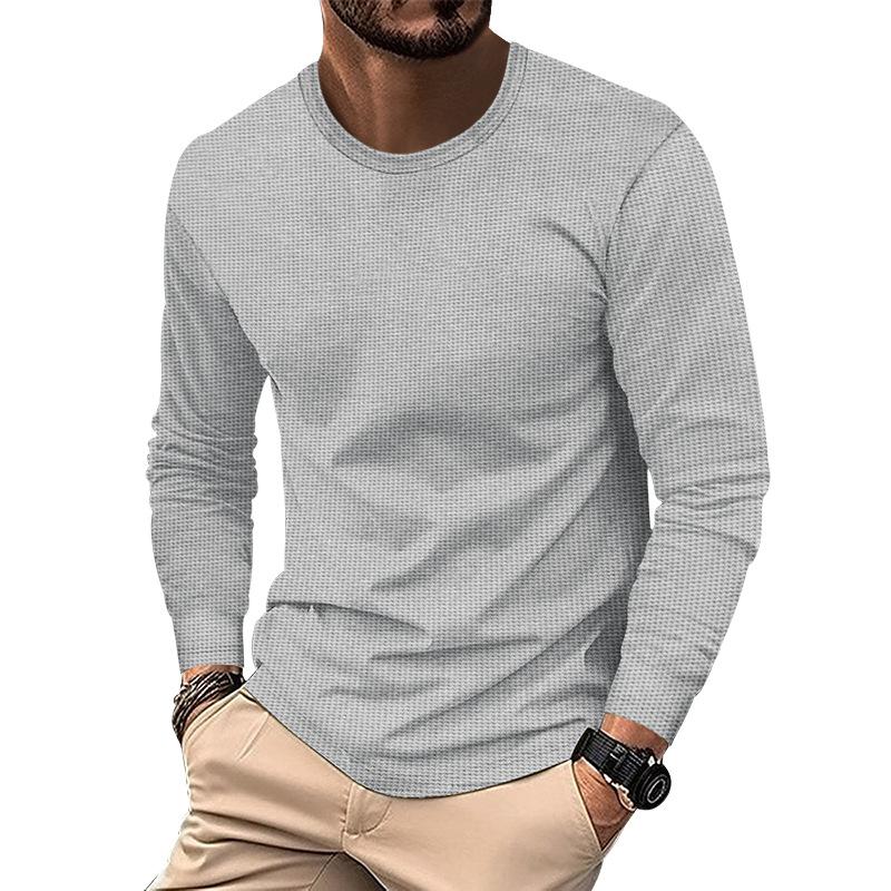 Men's Solid Color Waffle Round Neck Long Sleeve Casual T-shirt 06635701Z