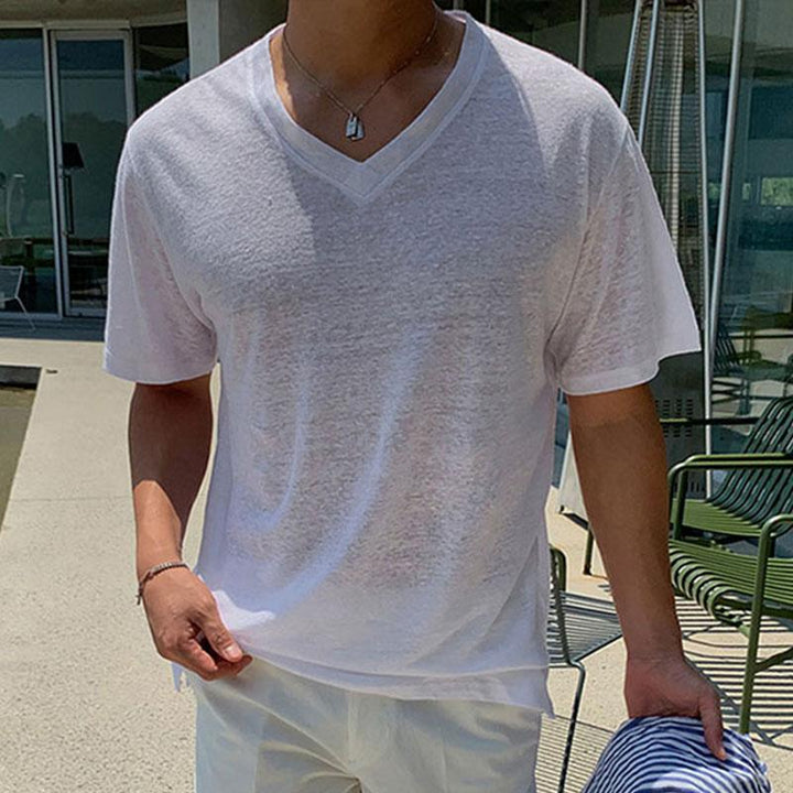 Men's Casual V Neck Solid Color Summer Short Sleeve T-shirt 08333768M