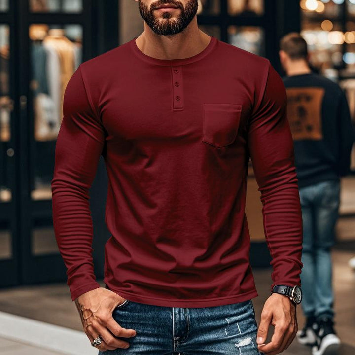 Men's Casual Crew Neck Cotton Blend Patch Pocket Long Sleeve T-Shirt 57193134M