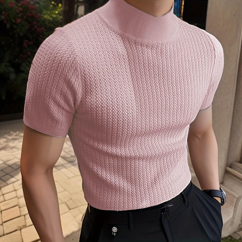 Men's Half Turtleneck Solid Color Tight Knitted Short-Sleeved T-Shirt 47280589Y