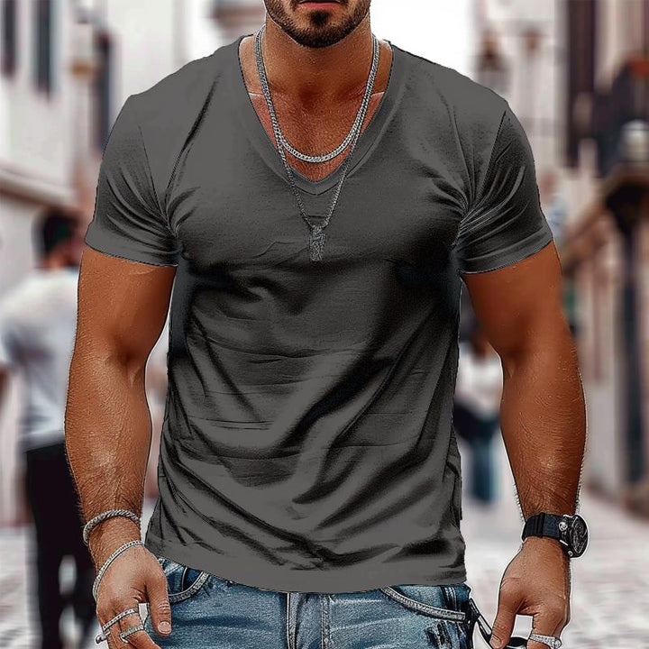 Men's Solid Color Casual V-neck Cotton Short-sleeved T-shirt 98171741X