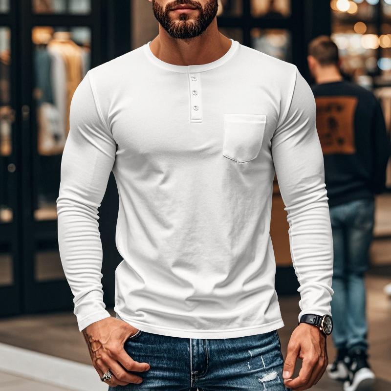 Men's Casual Crew Neck Cotton Blend Patch Pocket Long Sleeve T-Shirt 57193134M