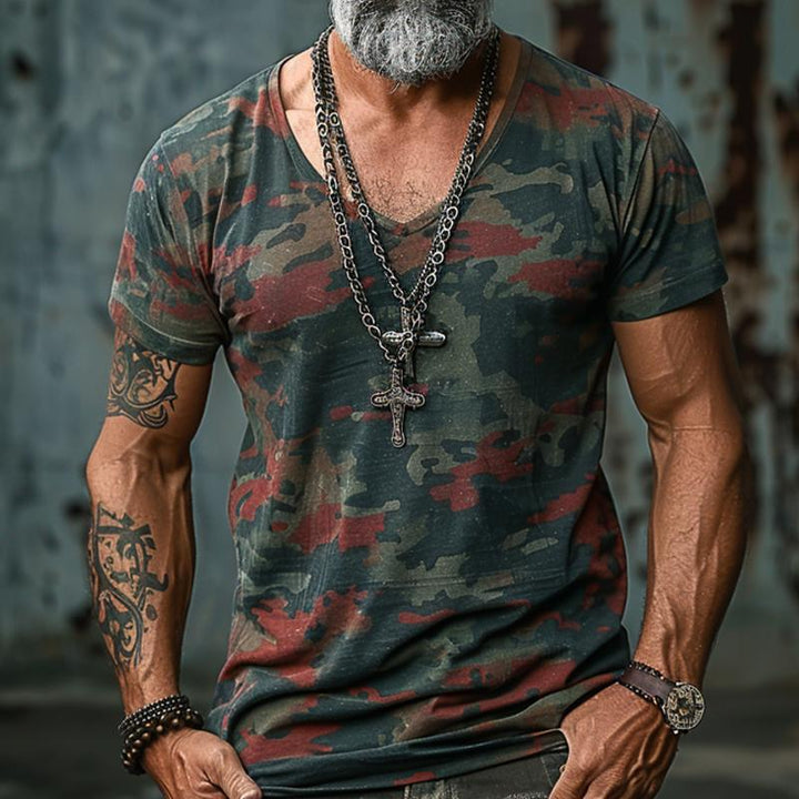 Men's Camouflage Print V-Neck Short Sleeve T-Shirt 63751502Y