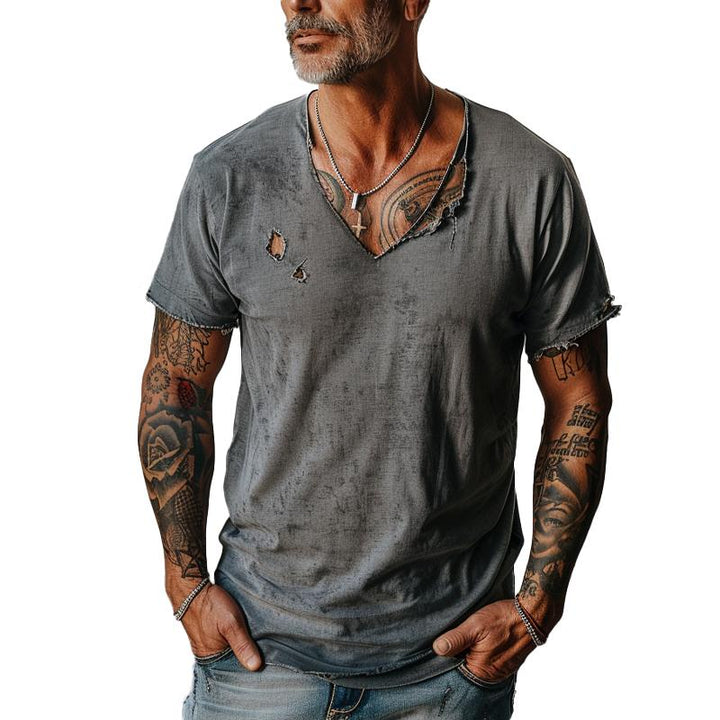 Men's Distressed Ripped Raw Edge V-Neck Short-Sleeved T-Shirt 83736876Y