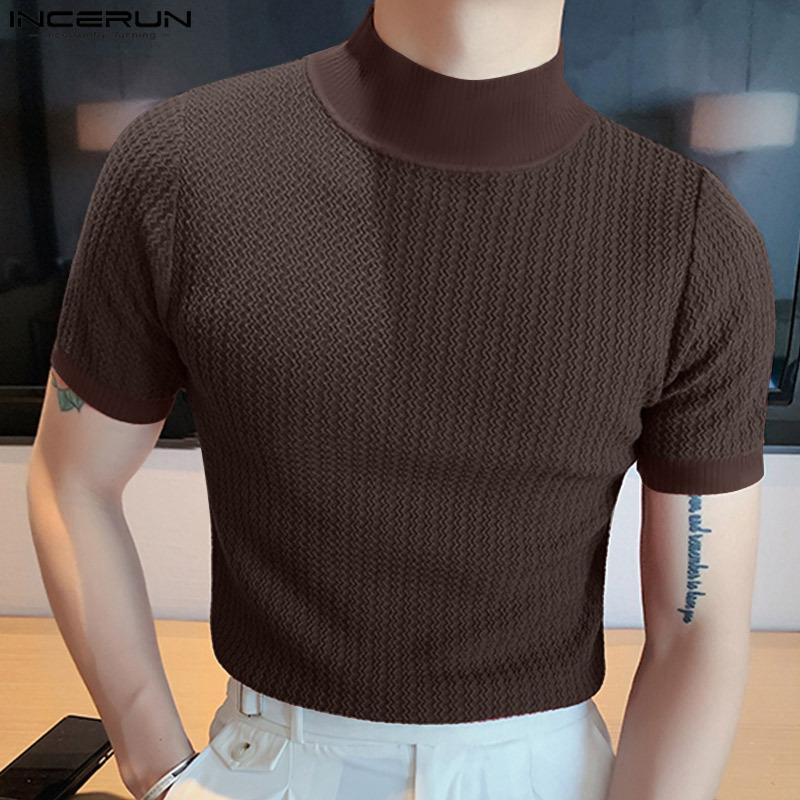 Men's Half Turtleneck Solid Color Tight Knitted Short-Sleeved T-Shirt 47280589Y