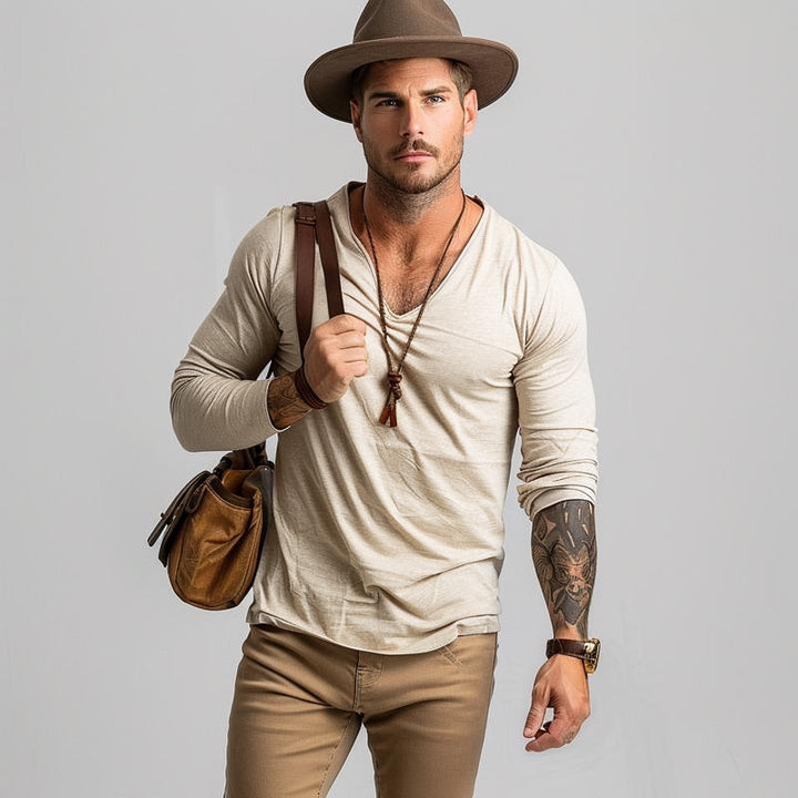 Men's Casual Cotton V-neck Slim Fit Long Sleeve T-shirt 47300902M