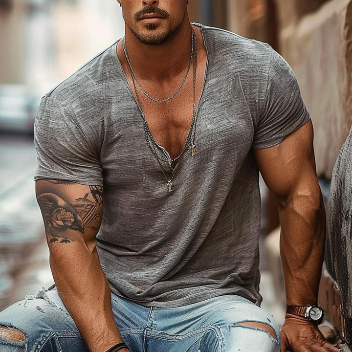 Men's Retro Thin Round V-neck Casual T-shirt 23127134X