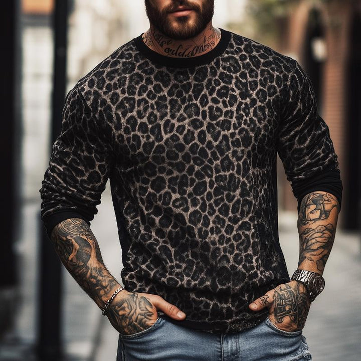 Men's Retro Casual Leopard Print Round Neck Colorblock Long Sleeve T-Shirt 79123683TO