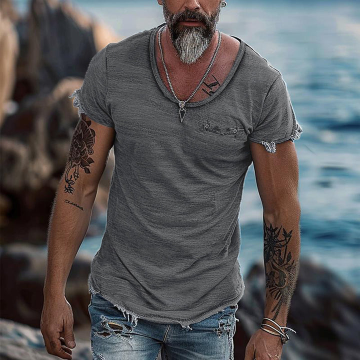 Men's Retro Solid Color Round Neck Raw Edge Short Sleeve T-Shirt 58726427Y