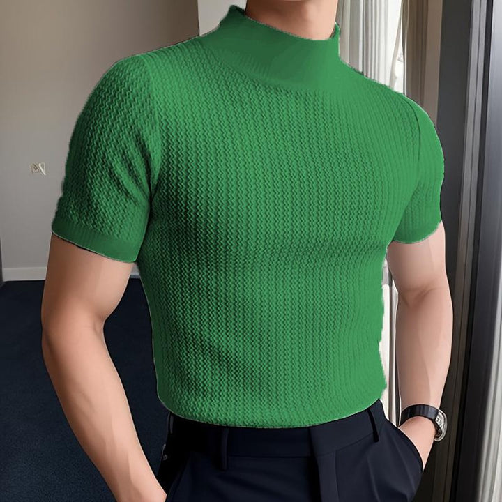 Men's Half Turtleneck Solid Color Tight Knitted Short-Sleeved T-Shirt 47280589Y