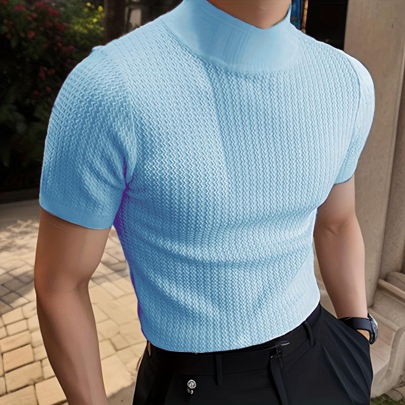 Men's Half Turtleneck Solid Color Tight Knitted Short-Sleeved T-Shirt 47280589Y