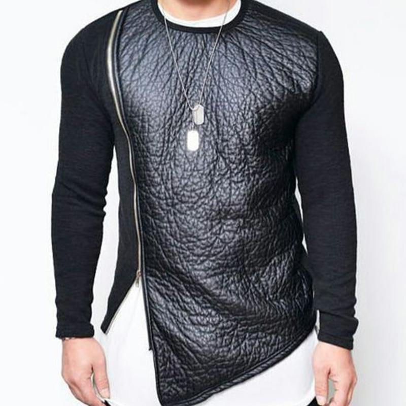 Men's Leather Stitching Zip-up Round Neck Long-sleeved T-shirt（Internal T-shirt not included) 12785925U