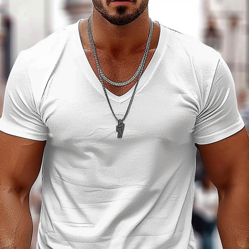 Men's Solid Color Casual V-neck Cotton Short-sleeved T-shirt 98171741X