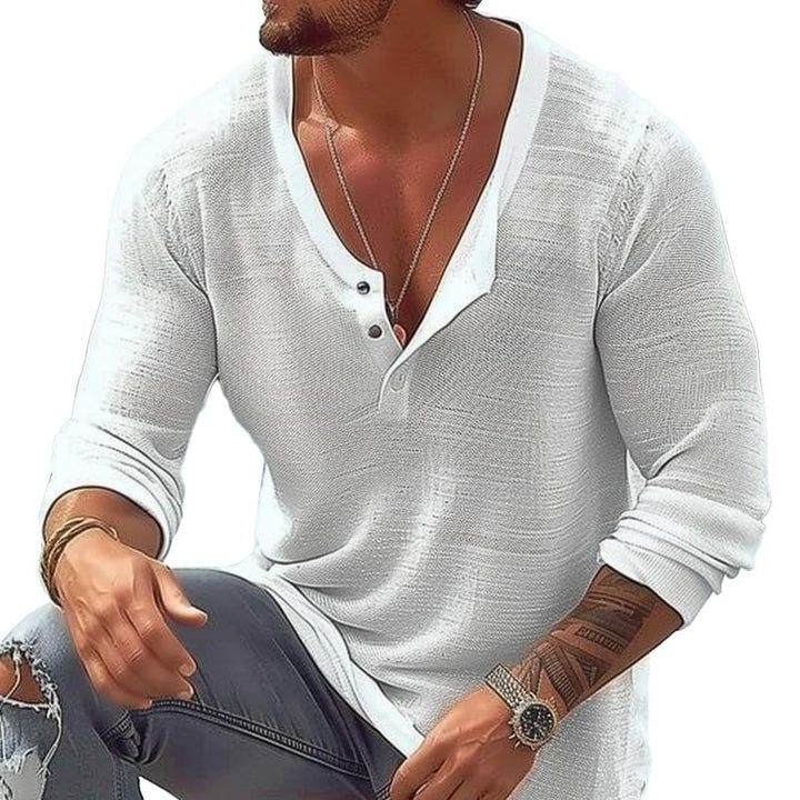 Men's Casual Cotton Linen U Neck Long-Sleeved T-Shirt 92358906M