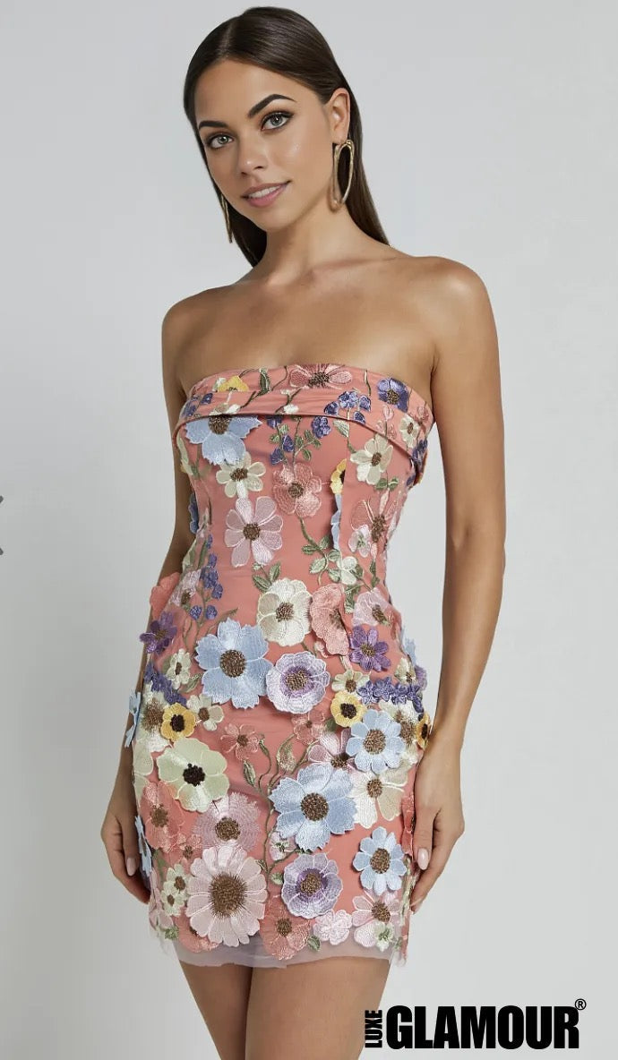 Wren Mini Dress – Strapless Bodycon Garden Flowers Dress