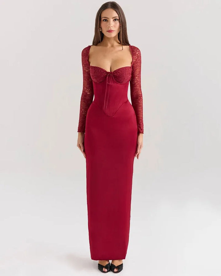 ISABELLA: Elegant Burgundy Dress with Long Sleeves and Square Neckline