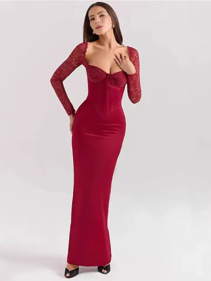 ISABELLA: Elegant Burgundy Dress with Long Sleeves and Square Neckline