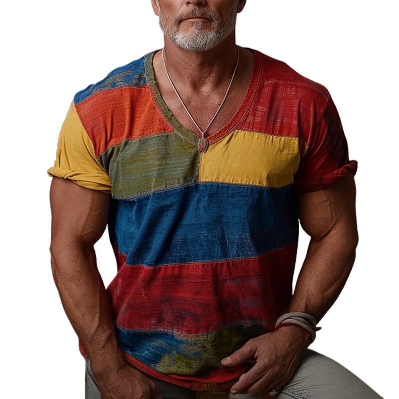 Men's Colorblock V-Neck Short Sleeve T-Shirt 71453971Y