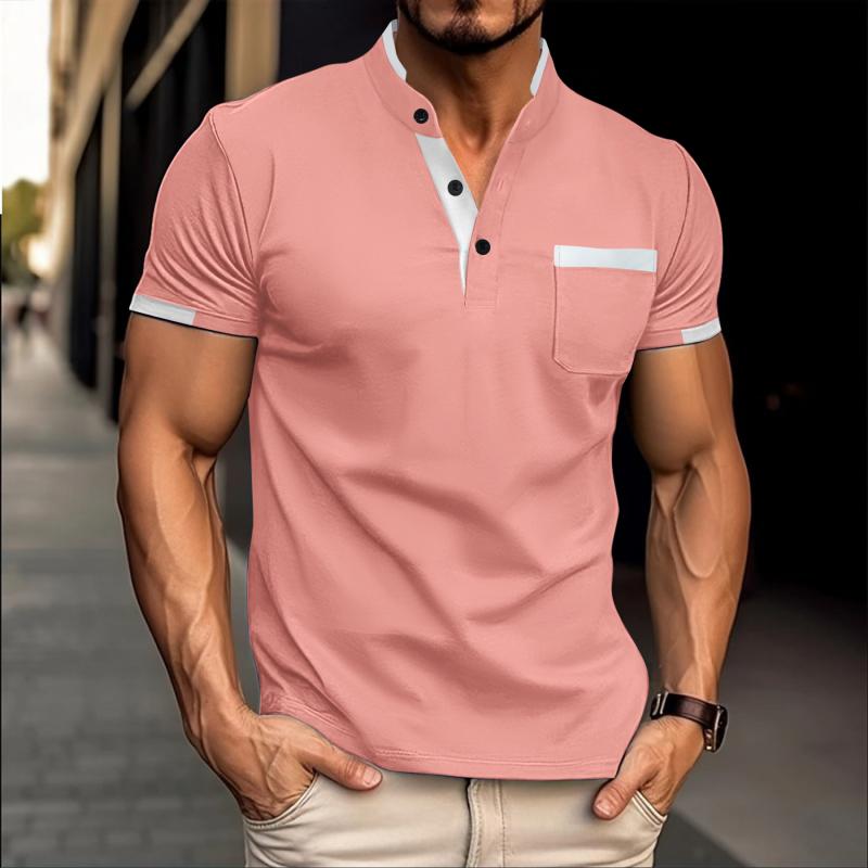 Men's Colorblock Henley Collar Chest Pocket Short Sleeve T-shirt 07928054Z