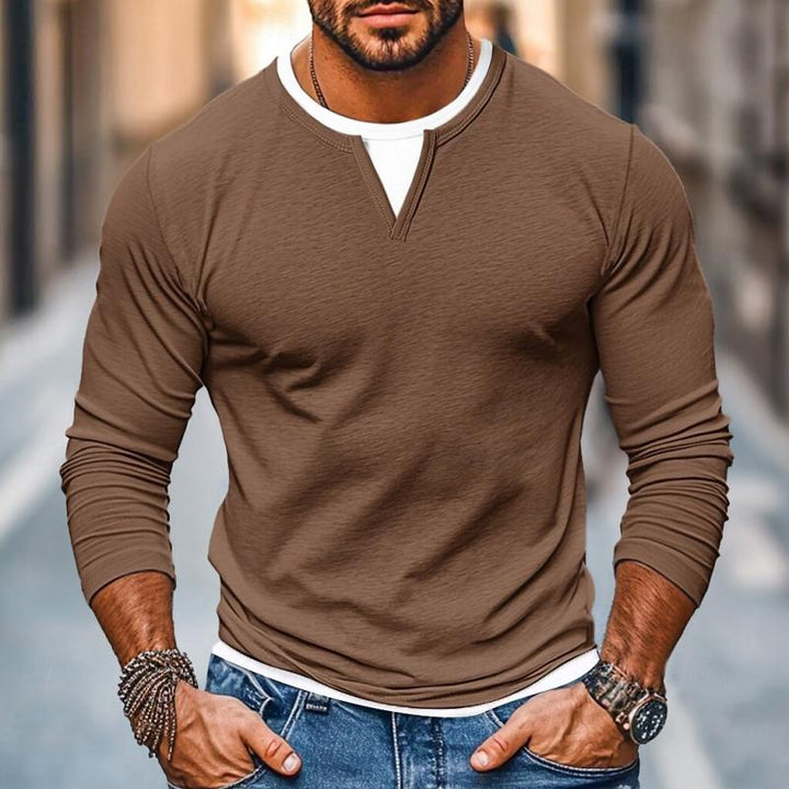 Men's Casual Color Matching Fake Two-Piece Double-Layer V-Neck Long-Sleeved T-Shirt 49232635Y