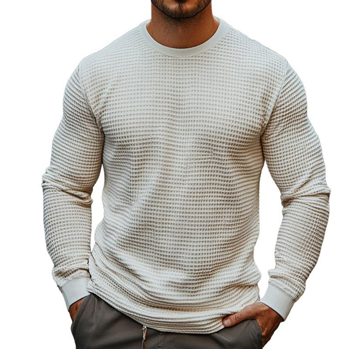 Men's Retro Casual Solid Color Waffle Round Neck Long Sleeve T-Shirt 28567999TO