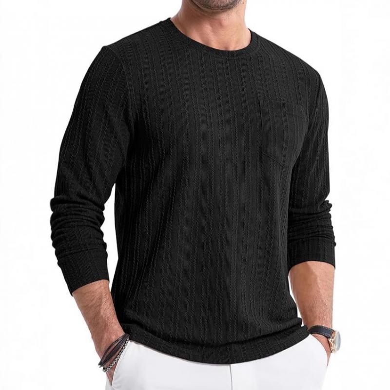 Men's Casual Solid Color Texture Striped Round Neck Long-Sleeved T-Shirt 26027919Y