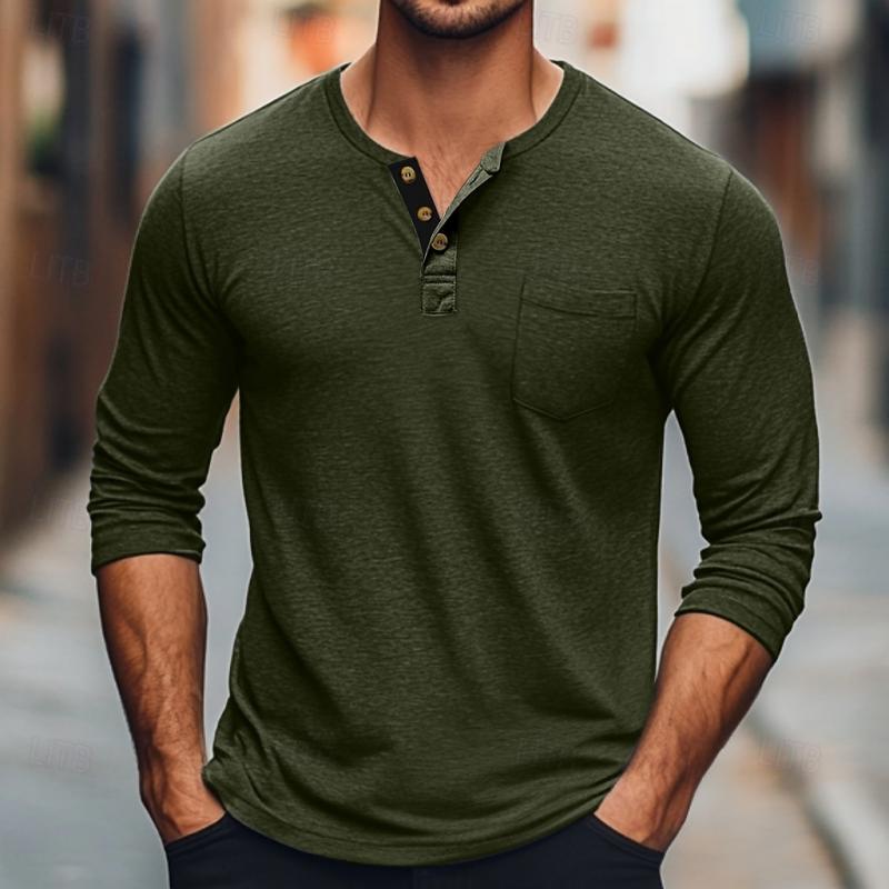 Men's Solid Color Button Round Neck Long Sleeve T-Shirt 64559660Y