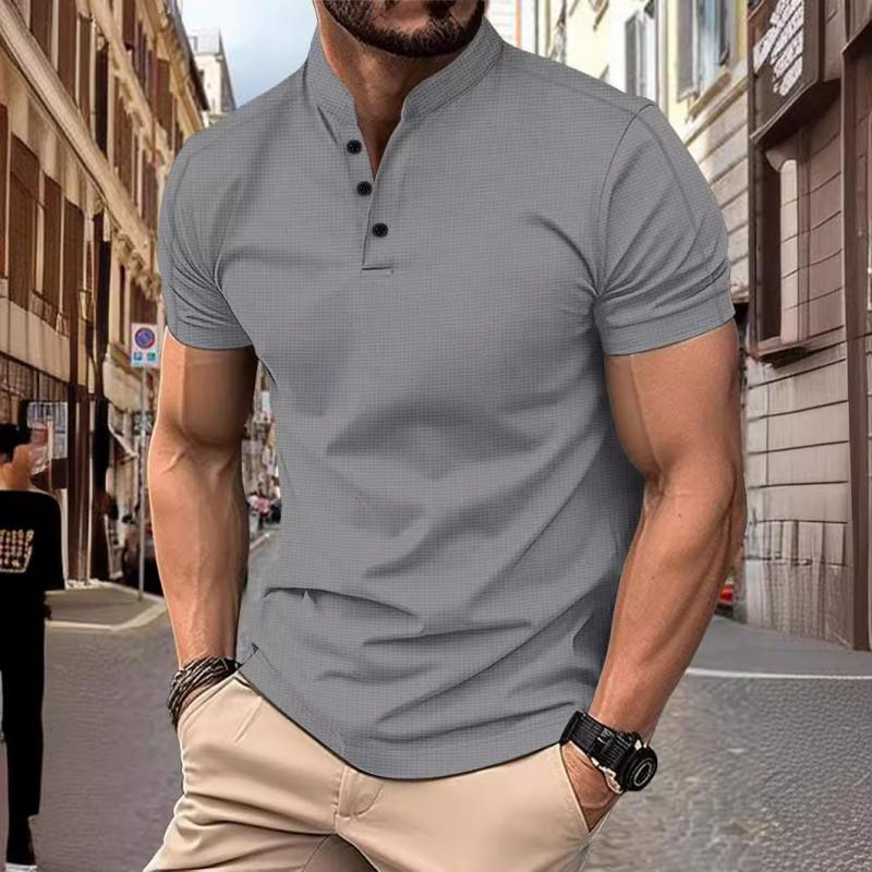 Men's Casual Stand Collar Waffle Slim Fit Short Sleeve T-Shirt 21454794M