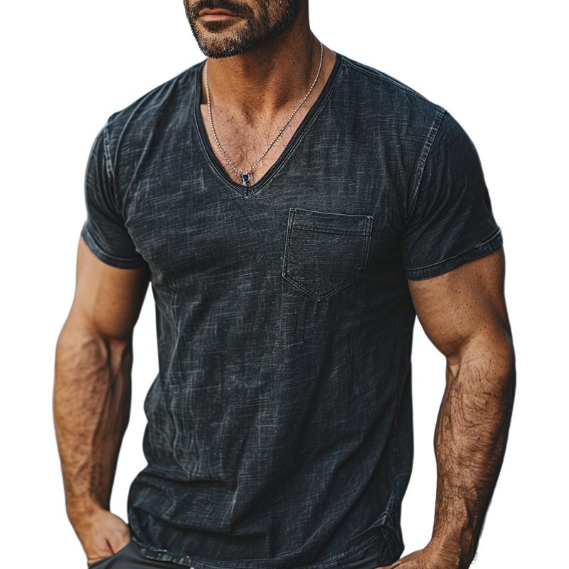 Men's Casual V-neck Heavy Duty Washed Distressed Short-sleeved T-shirt 38027677M