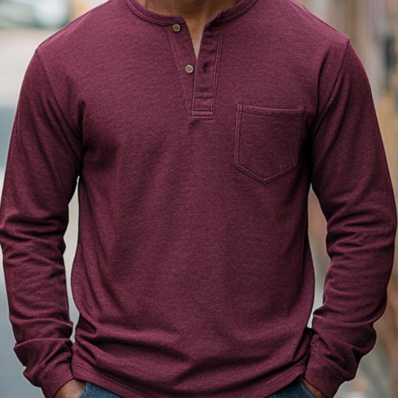 Men's Casual Versatile Burgundy Henley Collar Long Sleeve T-Shirt 07623233F