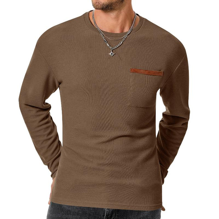 Men's Casual Waffle Round Neck Patch Pocket Slim Fit Long Sleeve T-Shirt 39943180M