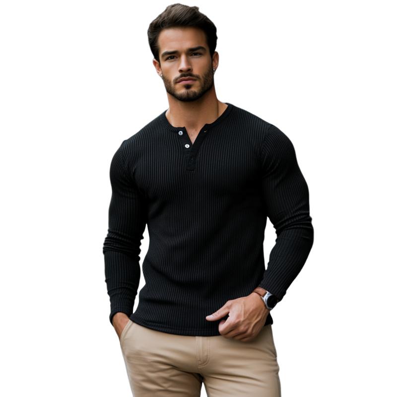 Men's Casual Rib Stripe Henley Collar Slim Fit Long Sleeve T-Shirt 68992413M