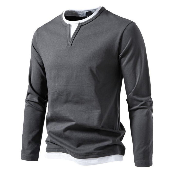 Men's Casual Color Matching Fake Two-Piece Double-Layer V-Neck Long-Sleeved T-Shirt 49232635Y