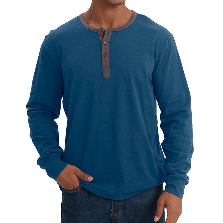 Men's Casual Colorblock Round Neck Button Neck Long Sleeve T-Shirt 30916232Y