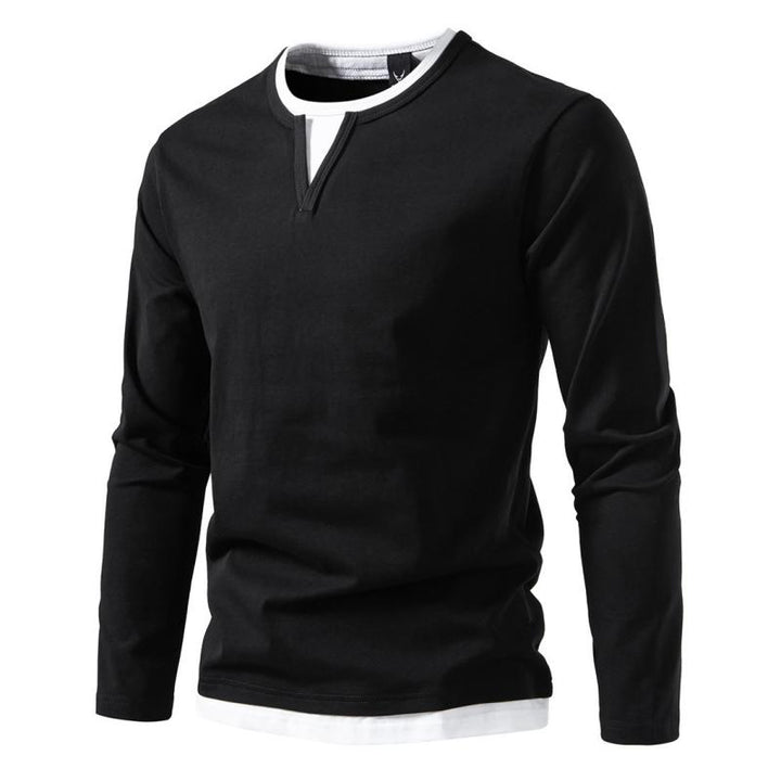 Men's Casual Color Matching Fake Two-Piece Double-Layer V-Neck Long-Sleeved T-Shirt 49232635Y