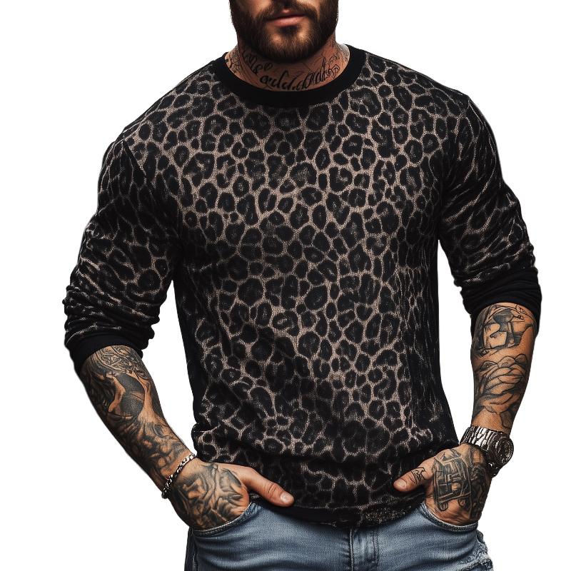 Men's Retro Casual Leopard Print Round Neck Colorblock Long Sleeve T-Shirt 79123683TO