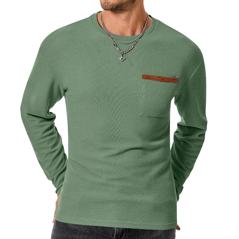 Men's Casual Waffle Round Neck Patch Pocket Slim Fit Long Sleeve T-Shirt 39943180M