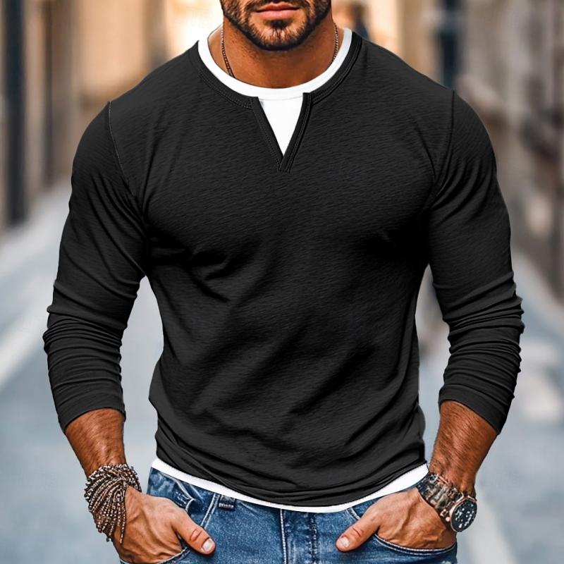 Men's Casual Color Matching Fake Two-Piece Double-Layer V-Neck Long-Sleeved T-Shirt 49232635Y