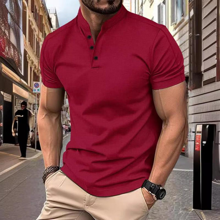 Men's Casual Stand Collar Waffle Slim Fit Short Sleeve T-Shirt 21454794M