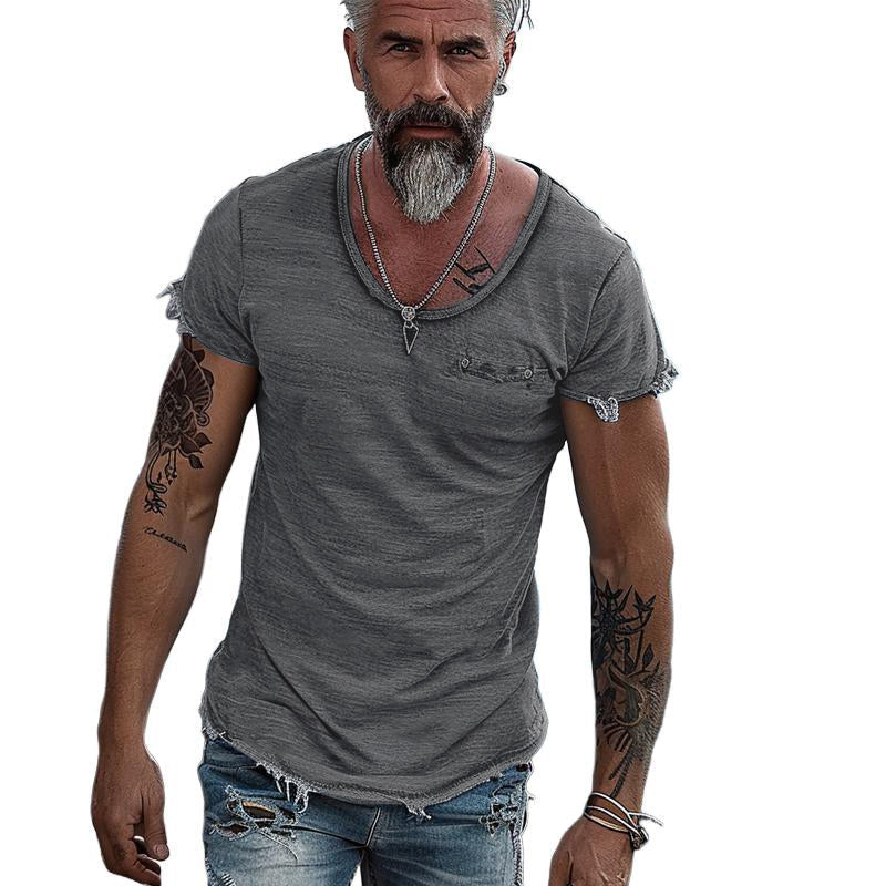 Men's Retro Solid Color Round Neck Raw Edge Short Sleeve T-Shirt 58726427Y